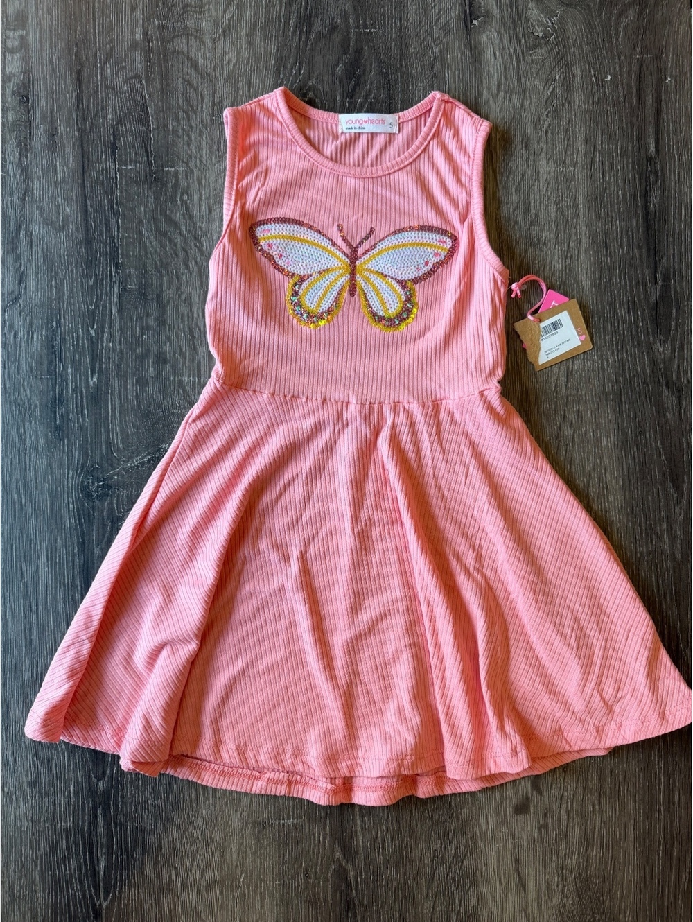 Young Hearts Girls Size 5 Pink Ribbed Butterfly Sequin Sleeveless Dress NWT
